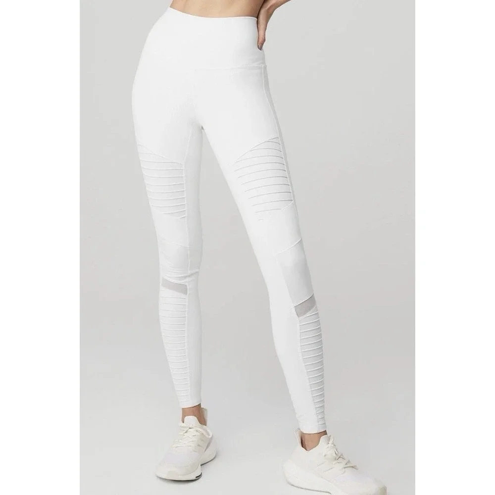 Alo Yoga Womens High Waist Moto Leggings Off White Mesh Ribbed Size M RN87370